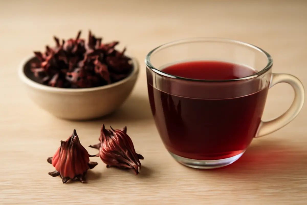 Staklena šalica tamnocrvenog čaja od hibiskusa uz zdjelicu i nekoliko cijelih osušenih čaški