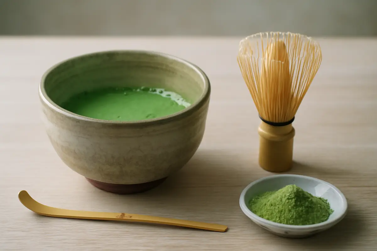 Keramička zdjela s pjenušavom zelenom matchom, bambusova metlica, bambusova žličica i zdjelica matcha praha