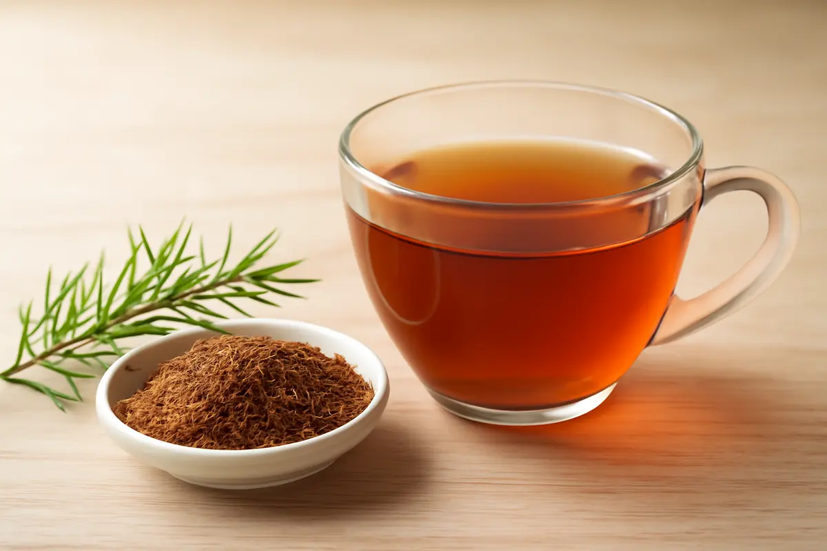 Staklena šalica crvenonarančastog rooibos čaja, zdjelica sitno rezanog suhog rooibosa i grančica s igličastim listovima