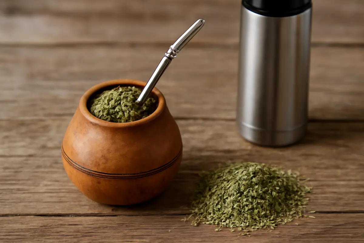 Tradicionalna posuda od tikvice napunjena usitnjenim suhim listom yerba mate s metalnom bombiljom, uz hrpicu suhog lista i termosicu